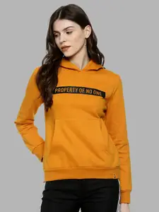 Campus Sutra Women Mustard Cotton Hooded Sweatshirt
