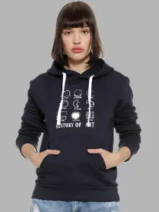 Campus Sutra Women Blue Printed Hooded Cotton Sweatshirt