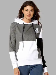 Campus Sutra Women Grey & White Colourblocked Hooded Sweatshirt