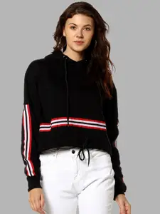 Campus Sutra Women Black Hooded Crop Cotton Sweatshirt