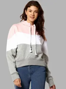 Campus Sutra Women Pink Colourblocked Hooded Cotton Sweatshirt
