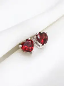 HIFLYER JEWELS Rhodium-Plated Red Heart Shaped Studs Earrings