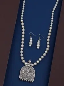 Silver Shine Silver Plated Oxidised Pendant Pearl Beaded Jewellery Set