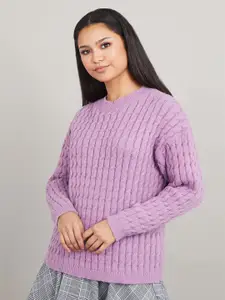 Styli Women Purple Cable Knit Regular Length Regular Fit Sweater