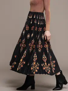 Label Ritu Kumar Women Black Floral Printed Flared Skirt