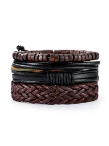 OOMPH Men Set Of 4 Brown & Black Leather Multistrand Bracelet