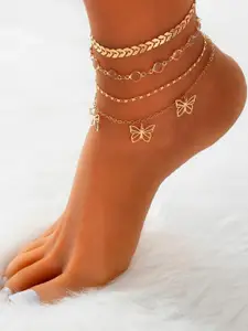 OOMPH Women Set Of 4 Gold-Toned Butterfly Charm Fashion Anklets