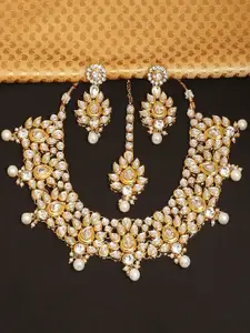 OOMPH Gold-Toned White Kundan Studded Pearl Beaded Necklace Set With Maangtikka