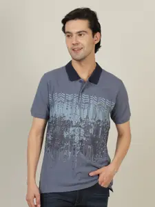 Crocodile Men Blue Typography Printed Polo Collar Slim Fit T-shirt