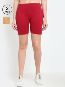 GRACIT Women Pack Of 2 Beige & Red Solid Cycling Shorts