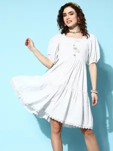 Yufta Women  White Self-Design Fluid Tie-Up Dress
