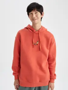 DeFacto Men Orange Solid Cotton Hooded Sweatshirt