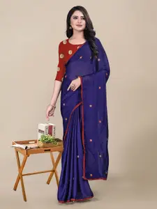 KALINI Navy Blue & Red Floral Embroidered Pure Chiffon Saree