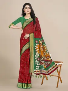 KALINI Red & Green Floral Zari Pure Chiffon Saree