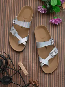 BRISKERS Women Silver-Toned & Brown Comfort Sandals