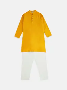 indus route by Pantaloons Boys Mustard Yellow & White Pure Cotton Kurta with Pyjamas
