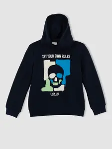 DeFacto Boys Navy Blue Printed Hooded Sweatshirt