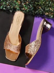 Monrow Gold-Toned Embellished Party Block Sandal Heels