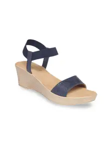 Monrow Navy Blue & Cream-Coloured Textured Wedge Sandal Heels