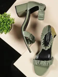 Monrow Olive Green Textured Block Sandal Heels