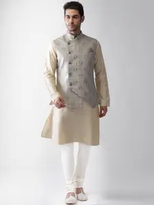 KISAH Men Grey & Cream Solid Kurta with Churidar & Nehru jacket