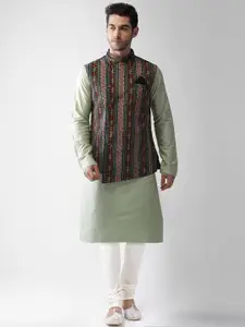 KISAH Men Green Kurta with Churidar & Jacket Set