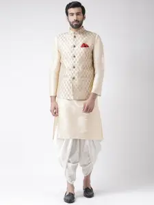 KISAH Men Cream & White Solid Straight Kurta with Dhoti Pants & With Printed Nehru jacket