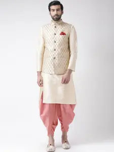 KISAH Men Cream-Coloured Ethnic Motifs Kurta With Dhoti Pants & With Nehru Jacket