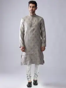 KISAH Men Grey & Silver Printed Kurta with Churidar
