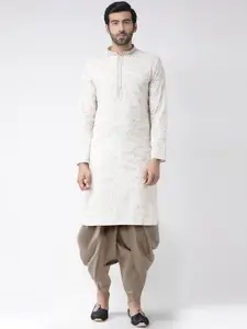 KISAH Men White Printed Cotton Blend Straight Kurta with Dhoti Pants