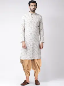 KISAH Men White Floral Print Kurta with Dhoti Pants Set