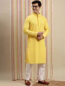 Sanwara Men Yellow Chikankari Pastels Long Sleeves Cotton Kurta