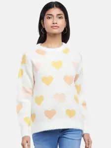 Honey by Pantaloons Women Off White & Yellow Printed Pullover Sweaters