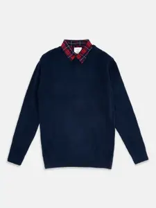 Pantaloons Junior Boys Navy Blue & Red Cable Knit Shirt Collar Pullover Sweater