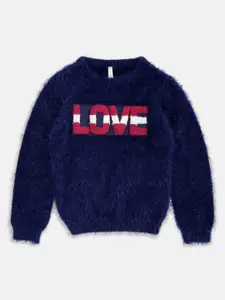 Pantaloons Junior Girls Navy Blue & Red Typography Pullover