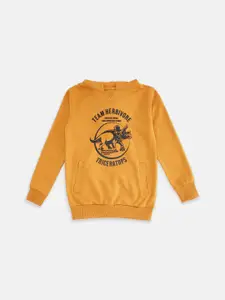 Pantaloons Junior Boys Mustard Yellow Hooded Printed Sweatshirt