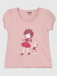 max Girls Peach-Coloured Printed Cotton T-shirt