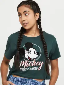 max Girls Green Mickey Mouse Printed Cotton T-shirt
