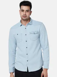 SF JEANS by Pantaloons Men Blue Solid Slim Fit Casual Shirt