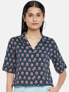 People Blue Ethnic Printed Shirt Style Top