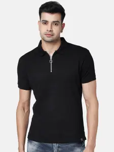 People Men Black Polo Collar Slim Fit Cotton T-shirt