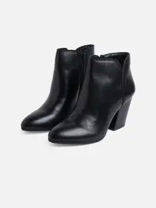 ALDO Women Black Solid Leather Casual Mid-Top Block Boots