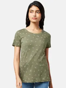 Honey by Pantaloons Women Olive Green & White Printed Cotton T-shirt