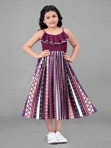 FASHION DREAM Girls Maroon & White Crepe Fit and Flare Midi Dress