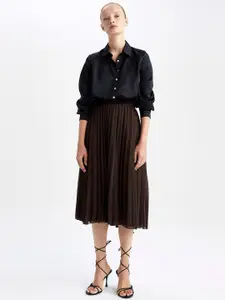 DeFacto Women Brown Solid Knee Length Pleated Flared Skirt