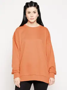 EDRIO Women Orange Oversized Cotton Sweatshirt