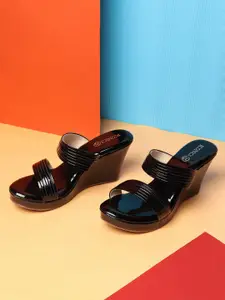 ICONICS Black Striped Wedge Heels