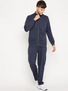 EDRIO Men Navy Blue Solid Cotton Blend Long Sleeves Tracksuits