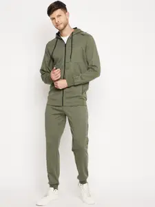 EDRIO Men Olive Green Solid Pure Cotton Tracksuits