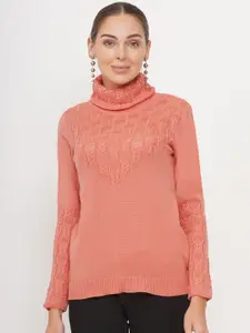 FABNEST Women Peach-Coloured Cable Knit Pullover